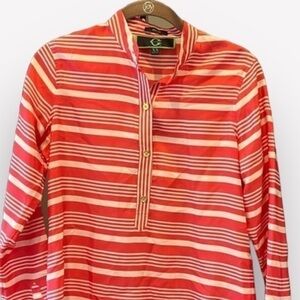 🛼🍕🪻C Wonder Christian Siriano Silk Blouse XS | Pink Stripe Gold Button Preppy